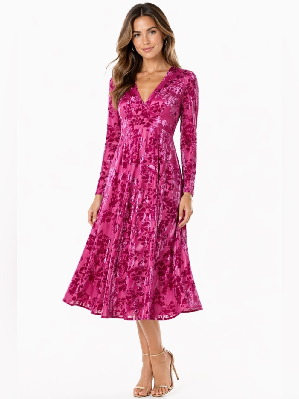Yumi Kim Anthrologie Size XXS Crushed Velvet Floral Pink Metallic Hue Midi Dress